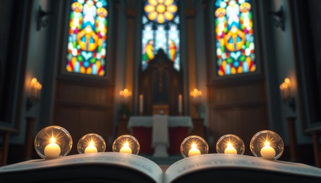 A serene and inspiring depiction of the seven Gifts of the Holy Spirit, represented as glowing orbs or symbols, arranged in a semi-circle. In the foreground, a gentle light illuminates each gift: Wisdom, Understanding, Counsel, Fortitude, Knowledge, Piety, and Fear of the Lord, with ethereal halos surrounding them. In the middle ground, a softly blurred church interior featuring stained glass windows, casting colorful light that enhances the spiritual atmosphere. The background includes an altar with flickering candles and a cross, adding to the sacred ambiance. The overall mood is tranquil and reverent, evoking a sense of connection to Catholic life and the sacraments. Use soft, diffused lighting to create warmth and depth, with a focus on a wide-angle perspective that draws the viewer in. A serene and inspiring depiction of the seven Gifts of the Holy Spirit, represented as glowing orbs or symbols, arranged in a semi-circle. In the foreground, a gentle light illuminates each gift: Wisdom, Understanding, Counsel, Fortitude, Knowledge, Piety, and Fear of the Lord, with ethereal halos surrounding them. In the middle ground, a softly blurred church interior featuring stained glass windows, casting colorful light that enhances the spiritual atmosphere. The background includes an altar with flickering candles and a cross, adding to the sacred ambiance. The overall mood is tranquil and reverent, evoking a sense of connection to Catholic life and the sacraments. Use soft, diffused lighting to create warmth and depth, with a focus on a wide-angle perspective that draws the viewer in.