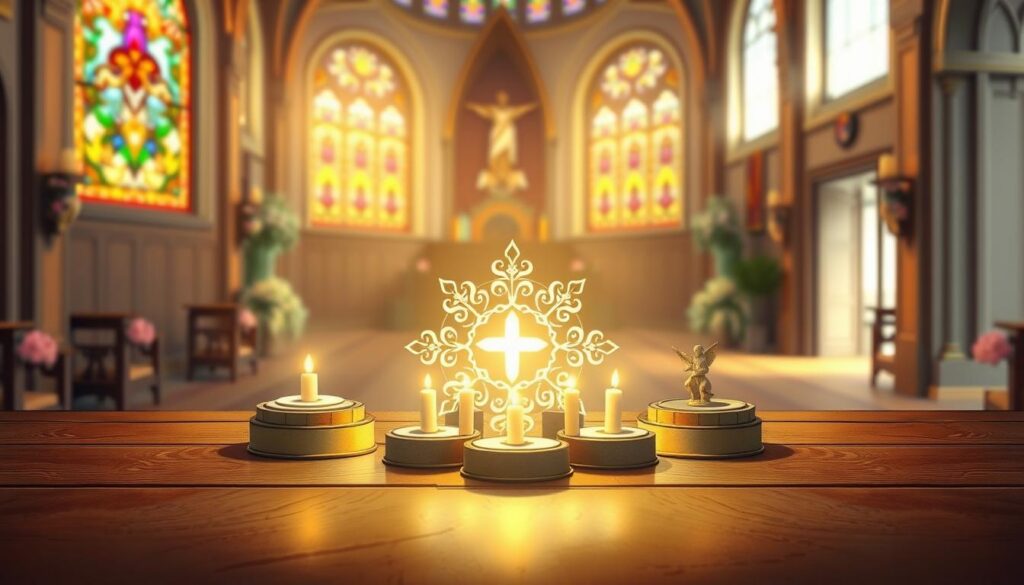 A serene and inspiring illustration depicting the Gifts of the Holy Spirit in a visually engaging manner. In the foreground, six ornate, glowing symbols representing each gift—wisdom, understanding, counsel, fortitude, knowledge, and piety—are artistically arranged in a circular pattern on a wooden table. Each symbol emits a gentle light, illuminating the space around it. The middle layer features soft, diffused natural light coming from stained glass windows, casting colorful reflections that enhance the spiritual atmosphere. In the background, a peaceful church interior with elegant arches and soft floral decorations creates a harmonious setting. The overall mood is warm, inviting, and contemplative, encouraging reflection on spiritual gifts, with a depth of field that softly blurs the background for focus on the symbols. A serene and inspiring illustration depicting the Gifts of the Holy Spirit in a visually engaging manner. In the foreground, six ornate, glowing symbols representing each gift—wisdom, understanding, counsel, fortitude, knowledge, and piety—are artistically arranged in a circular pattern on a wooden table. Each symbol emits a gentle light, illuminating the space around it. The middle layer features soft, diffused natural light coming from stained glass windows, casting colorful reflections that enhance the spiritual atmosphere. In the background, a peaceful church interior with elegant arches and soft floral decorations creates a harmonious setting. The overall mood is warm, inviting, and contemplative, encouraging reflection on spiritual gifts, with a depth of field that softly blurs the background for focus on the symbols.
