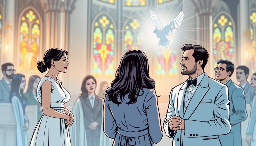 A serene and inspiring scene depicting the gifts of the Holy Spirit, arranged in a harmonious composition. In the foreground, a diverse group of elegantly dressed individuals, including a woman in a modest white dress and a man in a light blue suit, are engaged in thoughtful conversation, symbolizing understanding and unity. In the middle ground, a glowing image of a dove, representing the Holy Spirit, emits radiant beams of light, illuminating the figures. The background features an ethereal, softly lit church interior with stained glass windows reflecting colors of hope and faith. Natural light filters in, creating a warm and inviting atmosphere. The overall mood conveys spirituality, peace, and reverence, capturing the essence of how the gifts of the Holy Spirit positively influence Catholic life.