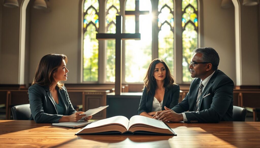 A serene and inviting church setting with soft natural lighting streaming through stained glass windows, illuminating the space. In the foreground, a diverse group of three individuals—two women and one man—dressed in professional business attire—are seated around a table. They are engaging in a thoughtful discussion about spiritual gifts, with open notebooks and Bibles in front of them. In the middle ground, a large wooden cross is prominently displayed, symbolizing faith and purpose. The background features lush greenery visible through the windows, creating a calming atmosphere. The overall mood is reflective and inspirational, encouraging viewers to explore their spiritual journey and the importance of understanding their gifts. A serene and inviting church setting with soft natural lighting streaming through stained glass windows, illuminating the space. In the foreground, a diverse group of three individuals—two women and one man—dressed in professional business attire—are seated around a table. They are engaging in a thoughtful discussion about spiritual gifts, with open notebooks and Bibles in front of them. In the middle ground, a large wooden cross is prominently displayed, symbolizing faith and purpose. The background features lush greenery visible through the windows, creating a calming atmosphere. The overall mood is reflective and inspirational, encouraging viewers to explore their spiritual journey and the importance of understanding their gifts.