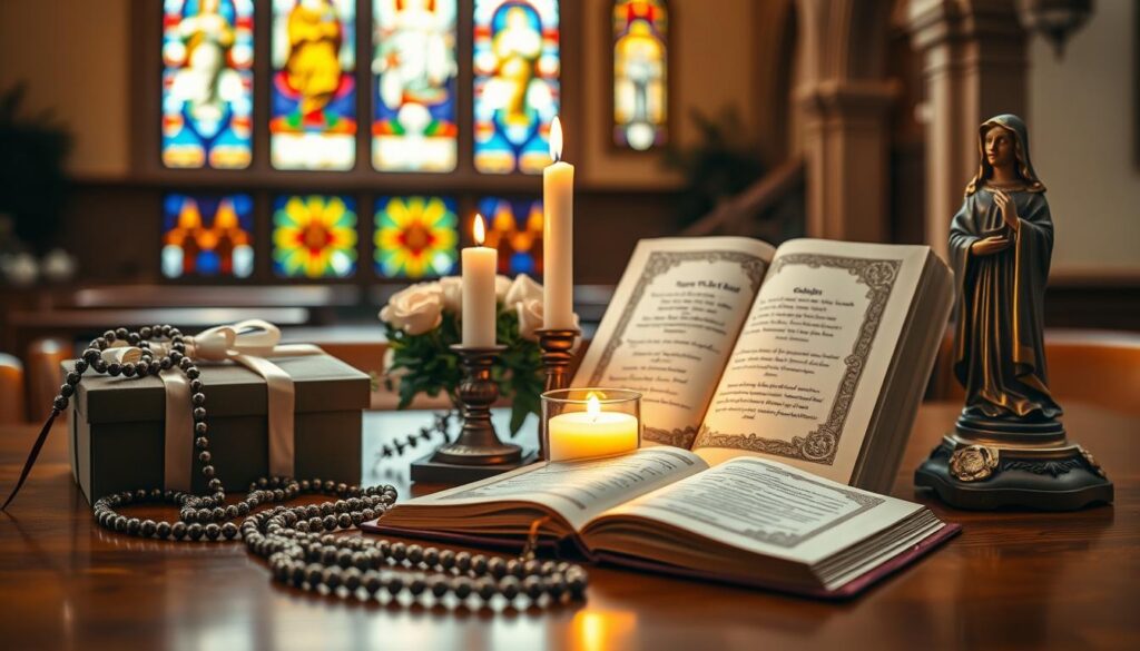 A serene and inviting scene depicting an array of beautiful Catholic gifts that symbolize faith and love. In the foreground, a polished wooden table displays a variety of items: a delicate rosary with intricate beads, a beautifully illustrated prayer book with gold leaf accents, and a charming statue of a saint, all arranged tastefully. In the middle, soft candlelight flickers gently, casting a warm glow that enhances the ambiance. In the background, stained glass windows filter in colorful light, reflecting sacred symbols and creating a heavenly atmosphere. The lighting is warm and soft, reminiscent of a peaceful chapel. The mood is tranquil and reverent, evoking a sense of devotion and celebration. The composition is captured from a slightly elevated angle, providing a comprehensive view of the heartfelt gifts, focusing on their intricate details and significance.