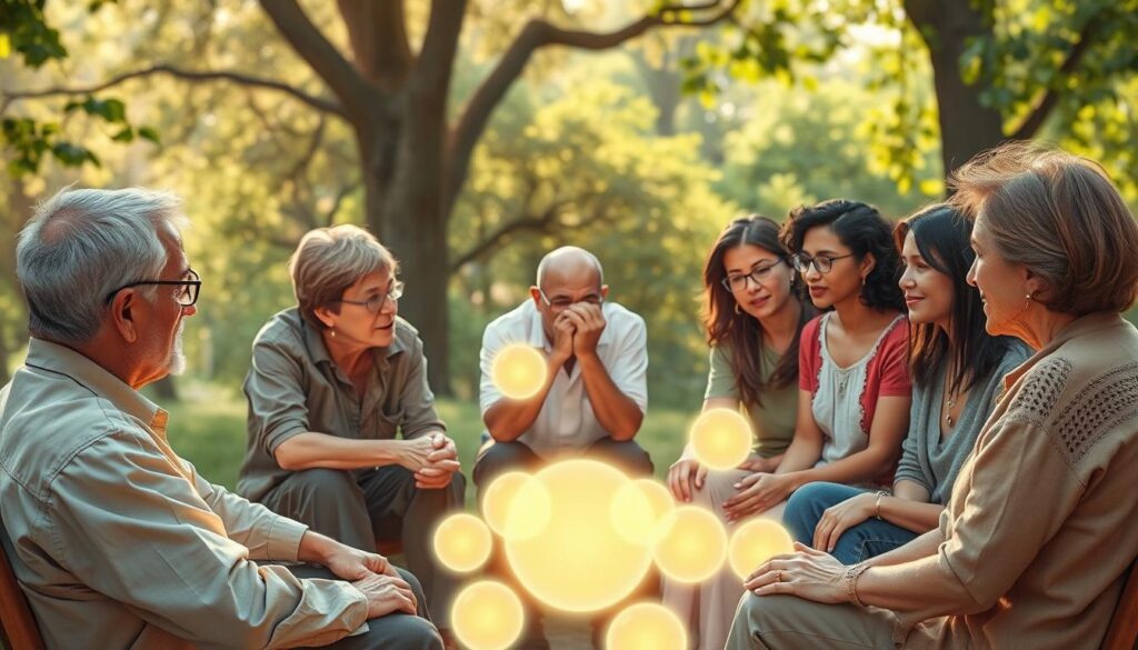 A serene and inviting scene depicting individuals engaged in the exploration of spiritual gifts. In the foreground, a diverse group of people—men and women of various ages—are seated in a circle, attentively discussing and sharing experiences, dressed in modest, casual clothing. In the middle ground, soft glowing orbs of light symbolize different spiritual gifts, such as wisdom, faith, and healing, illuminating their faces with a warm, ethereal glow. The background features a tranquil nature setting, with lush greenery and gentle sunlight filtering through the trees, creating a peaceful atmosphere. The lighting is soft and natural, with a focus on the expressions of curiosity and openness on the participants’ faces, captured with a slightly warm tone to evoke a sense of hope and connection. A serene and inviting scene depicting individuals engaged in the exploration of spiritual gifts. In the foreground, a diverse group of people—men and women of various ages—are seated in a circle, attentively discussing and sharing experiences, dressed in modest, casual clothing. In the middle ground, soft glowing orbs of light symbolize different spiritual gifts, such as wisdom, faith, and healing, illuminating their faces with a warm, ethereal glow. The background features a tranquil nature setting, with lush greenery and gentle sunlight filtering through the trees, creating a peaceful atmosphere. The lighting is soft and natural, with a focus on the expressions of curiosity and openness on the participants’ faces, captured with a slightly warm tone to evoke a sense of hope and connection.