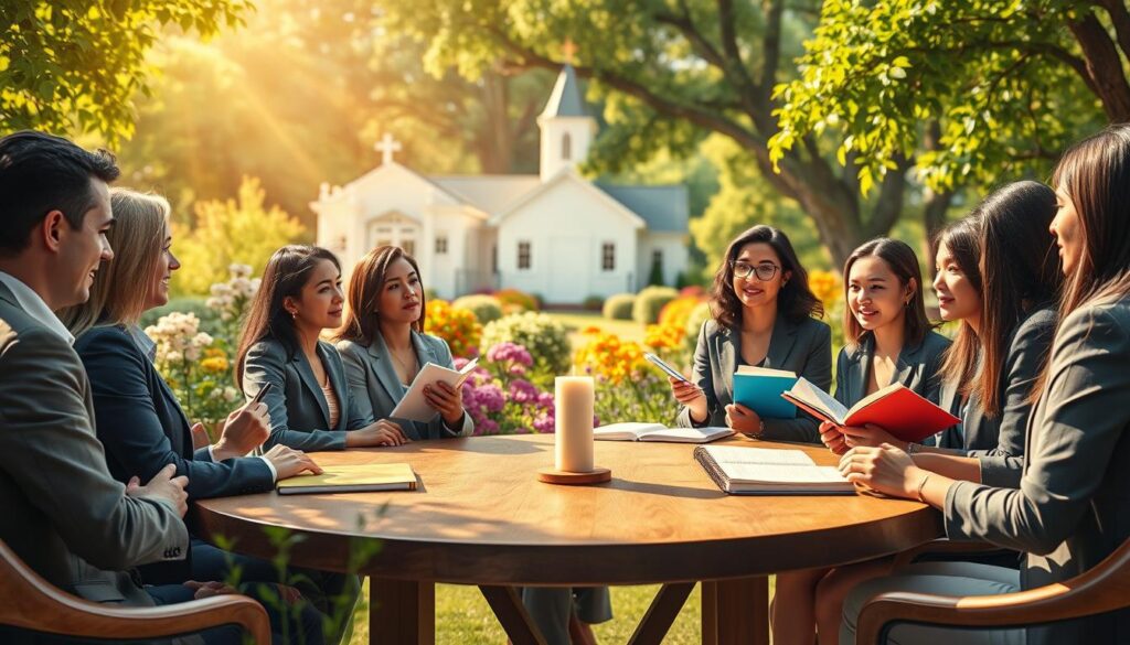 A serene and inviting scene depicting spiritual gifts exploration. In the foreground, a diverse group of individuals, dressed in professional business attire, engaged in thoughtful discussion around a circular wooden table filled with natural light. Each person holds an object symbolizing various spiritual gifts, such as a candle, a journal, and inspirational books, reflecting curiosity and openness. In the middle ground, a lush garden with vibrant flowers and soft greenery creating a peaceful atmosphere, accentuated by gentle sunlight filtering through the leaves. The background features a soft blurred image of a quaint chapel, symbolizing faith and spiritual growth, with warm golden tones enveloping the scene, evoking a sense of harmony and enlightenment. A serene and inviting scene depicting spiritual gifts exploration. In the foreground, a diverse group of individuals, dressed in professional business attire, engaged in thoughtful discussion around a circular wooden table filled with natural light. Each person holds an object symbolizing various spiritual gifts, such as a candle, a journal, and inspirational books, reflecting curiosity and openness. In the middle ground, a lush garden with vibrant flowers and soft greenery creating a peaceful atmosphere, accentuated by gentle sunlight filtering through the leaves. The background features a soft blurred image of a quaint chapel, symbolizing faith and spiritual growth, with warm golden tones enveloping the scene, evoking a sense of harmony and enlightenment.