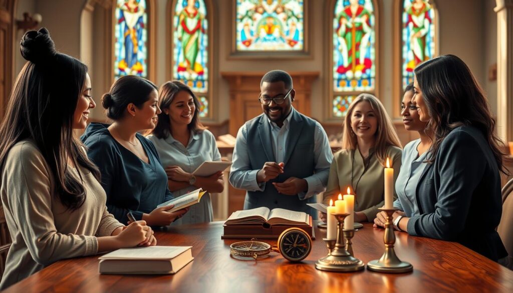 A serene and inviting scene depicting the exploration of Christian spiritual gifts. In the foreground, a diverse group of individuals, dressed in modest, professional attire, are engaged in a thoughtful discussion, some taking notes and others sharing insights. In the middle ground, a beautifully crafted wooden table showcases various symbolic items, such as a Bible, a compass, and prayer candles, representing guidance and faith. The background features a softly lit church interior, with stained glass windows casting colorful light and creating a warm, welcoming atmosphere. The overall mood is one of peaceful reflection and inspiration, with a gentle lens focus on the group, highlighting their expressions of curiosity and joy. The lighting is warm and natural, evoking a sense of divine presence. A serene and inviting scene depicting the exploration of Christian spiritual gifts. In the foreground, a diverse group of individuals, dressed in modest, professional attire, are engaged in a thoughtful discussion, some taking notes and others sharing insights. In the middle ground, a beautifully crafted wooden table showcases various symbolic items, such as a Bible, a compass, and prayer candles, representing guidance and faith. The background features a softly lit church interior, with stained glass windows casting colorful light and creating a warm, welcoming atmosphere. The overall mood is one of peaceful reflection and inspiration, with a gentle lens focus on the group, highlighting their expressions of curiosity and joy. The lighting is warm and natural, evoking a sense of divine presence.