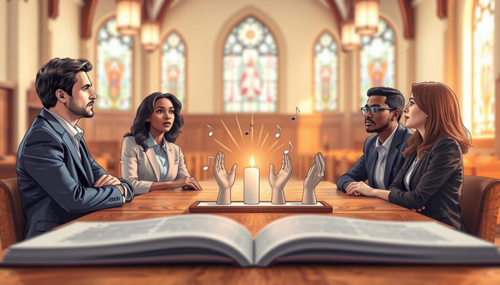 A serene and inviting scene illustrating an overview of spiritual gifts. In the foreground, a diverse group of three individuals in professional business attire is engaged in a thoughtful discussion, with expressions of curiosity and inspiration. The middle ground features symbolic representations of various spiritual gifts, like music notes for creativity, light rays for wisdom, and hands assisting others to symbolize service, all harmoniously arranged on a wooden table. The background showcases a soft-focus, warm-lit church interior with stained glass windows, imparting a sense of peace and reverence. The overall mood is uplifting and contemplative, with gentle, natural lighting creating a welcoming atmosphere. The angle should be slightly elevated to capture the gathering and symbolic elements clearly, emphasizing the importance of spiritual gifts in personal faith journeys.