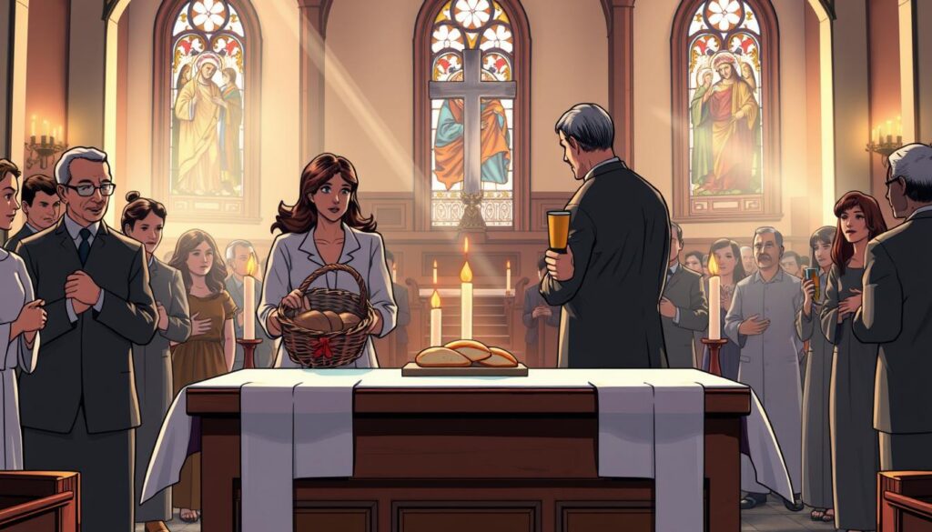 A serene and inviting scene inside a beautifully adorned Catholic church during Mass. In the foreground, a wooden altar is set with elegant white linens, where two individuals in modest, professional attire carry the gifts: a basket of bread and a chalice of wine, symbolizing unity and faith. Their expressions convey reverence and purpose. In the middle ground, the congregation observes them with a mix of devotion and anticipation, highlighted by soft candlelight casting a warm glow across the scene. The background features stained glass windows depicting biblical stories, with gentle sunlight filtering through, enhancing the divine atmosphere. This moment captures the significance of bringing up the gifts during Mass, evoking a sense of community and spirituality. A serene and inviting scene inside a beautifully adorned Catholic church during Mass. In the foreground, a wooden altar is set with elegant white linens, where two individuals in modest, professional attire carry the gifts: a basket of bread and a chalice of wine, symbolizing unity and faith. Their expressions convey reverence and purpose. In the middle ground, the congregation observes them with a mix of devotion and anticipation, highlighted by soft candlelight casting a warm glow across the scene. The background features stained glass windows depicting biblical stories, with gentle sunlight filtering through, enhancing the divine atmosphere. This moment captures the significance of bringing up the gifts during Mass, evoking a sense of community and spirituality.