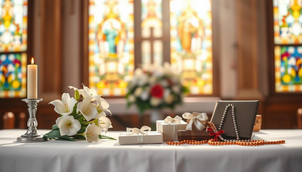 A serene and respectful scene depicting gifts placed at a Catholic funeral. In the foreground, a beautifully arranged altar featuring an elegant white tablecloth adorned with a simple bouquet of white lilies and a lit candle, symbolizing remembrance. The middle ground displays a selection of thoughtfully presented gifts; small boxes wrapped in soft colors, a prayer book, and a decorative rosary, reflecting the importance of faith and tradition. In the background, softly blurred stained glass windows create a warm, reverent atmosphere with sunlight filtering through, casting gentle light on the scene. The overall mood is one of solemn reverence and comfort, emphasizing the significance of love and support during the Catholic funeral mass. The image should be captured with a soft focus lens, highlighting the emotional weight of the moment. A serene and respectful scene depicting gifts placed at a Catholic funeral. In the foreground, a beautifully arranged altar featuring an elegant white tablecloth adorned with a simple bouquet of white lilies and a lit candle, symbolizing remembrance. The middle ground displays a selection of thoughtfully presented gifts; small boxes wrapped in soft colors, a prayer book, and a decorative rosary, reflecting the importance of faith and tradition. In the background, softly blurred stained glass windows create a warm, reverent atmosphere with sunlight filtering through, casting gentle light on the scene. The overall mood is one of solemn reverence and comfort, emphasizing the significance of love and support during the Catholic funeral mass. The image should be captured with a soft focus lens, highlighting the emotional weight of the moment.