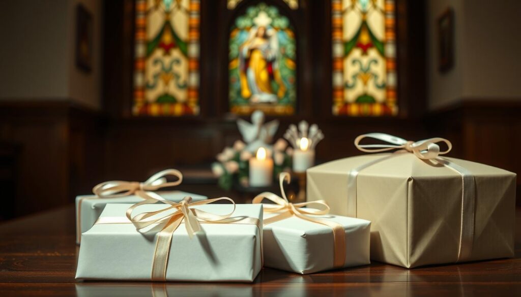 A serene and respectful scene of gifts positioned at a Catholic funeral. In the foreground, beautifully wrapped gift boxes in soft pastel colors, adorned with simple elegant ribbons, sit atop a dark wooden table. In the middle ground, a small statue of an angel and a candle flickering softly, symbolizing remembrance and hope. In the background, a subtle depiction of a stained-glass window, filtering warm light into the room, creating a tranquil atmosphere. The lens captures a close-up perspective, emphasizing the details of the gifts and the soft glow of the candlelight. The overall mood is one of reverence and reflection, celebrating the significance of giving and remembering during this sacred occasion. A serene and respectful scene of gifts positioned at a Catholic funeral. In the foreground, beautifully wrapped gift boxes in soft pastel colors, adorned with simple elegant ribbons, sit atop a dark wooden table. In the middle ground, a small statue of an angel and a candle flickering softly, symbolizing remembrance and hope. In the background, a subtle depiction of a stained-glass window, filtering warm light into the room, creating a tranquil atmosphere. The lens captures a close-up perspective, emphasizing the details of the gifts and the soft glow of the candlelight. The overall mood is one of reverence and reflection, celebrating the significance of giving and remembering during this sacred occasion.
