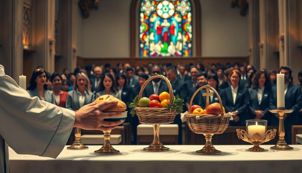 A serene and reverent Catholic Mass setting featuring the altar with beautifully arranged gifts, including bread and wine presented in elegant chalices and baskets. In the foreground, a pair of hands, dressed in modest attire, gently place a decorative basket filled with fruits, symbolizing abundance and gratitude. The middle layer showcases a harmonious congregation, with diverse individuals in professional business attire, all attentively gazing towards the altar, reflecting the communal spirit of worship. The background reveals a stained glass window casting colorful light onto the altar, enhancing the sacred atmosphere. The overall mood is one of reflection and spirituality, illuminated by soft, warm lighting, creating a peaceful and reverent ambiance. The angle is slightly elevated to capture the depth of the space and the significance of the gifts. A serene and reverent Catholic Mass setting featuring the altar with beautifully arranged gifts, including bread and wine presented in elegant chalices and baskets. In the foreground, a pair of hands, dressed in modest attire, gently place a decorative basket filled with fruits, symbolizing abundance and gratitude. The middle layer showcases a harmonious congregation, with diverse individuals in professional business attire, all attentively gazing towards the altar, reflecting the communal spirit of worship. The background reveals a stained glass window casting colorful light onto the altar, enhancing the sacred atmosphere. The overall mood is one of reflection and spirituality, illuminated by soft, warm lighting, creating a peaceful and reverent ambiance. The angle is slightly elevated to capture the depth of the space and the significance of the gifts.