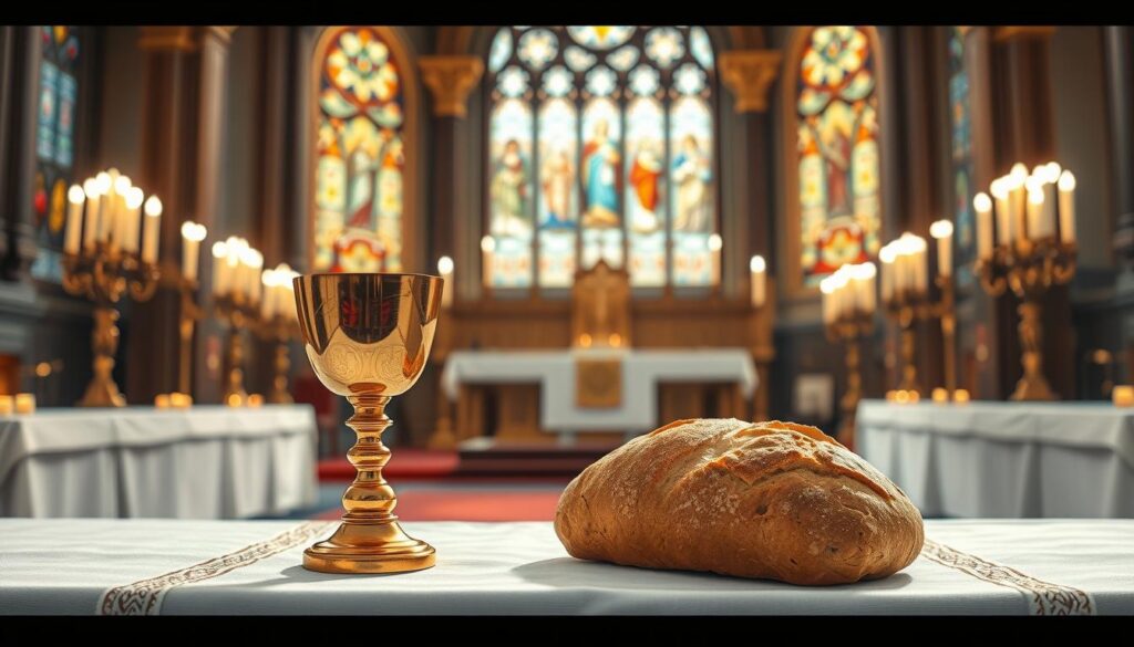 A serene and reverent scene depicting the bread and wine being presented during a Catholic Mass. In the foreground, a golden chalice and a loaf of freshly baked bread on a white linen altar cloth. The middle ground features a beautifully ornate altar surrounded by flickering candles, enhancing the sacred atmosphere. In the background, soft natural light filters through stained glass windows, casting colorful patterns on the church interior. The overall mood is solemn yet hopeful, emphasizing the significance of this moment during the Mass. Focus on capturing the intricate details of the bread and wine, with a slight depth of field to bring the elements into sharp relief while softly blurring the background.