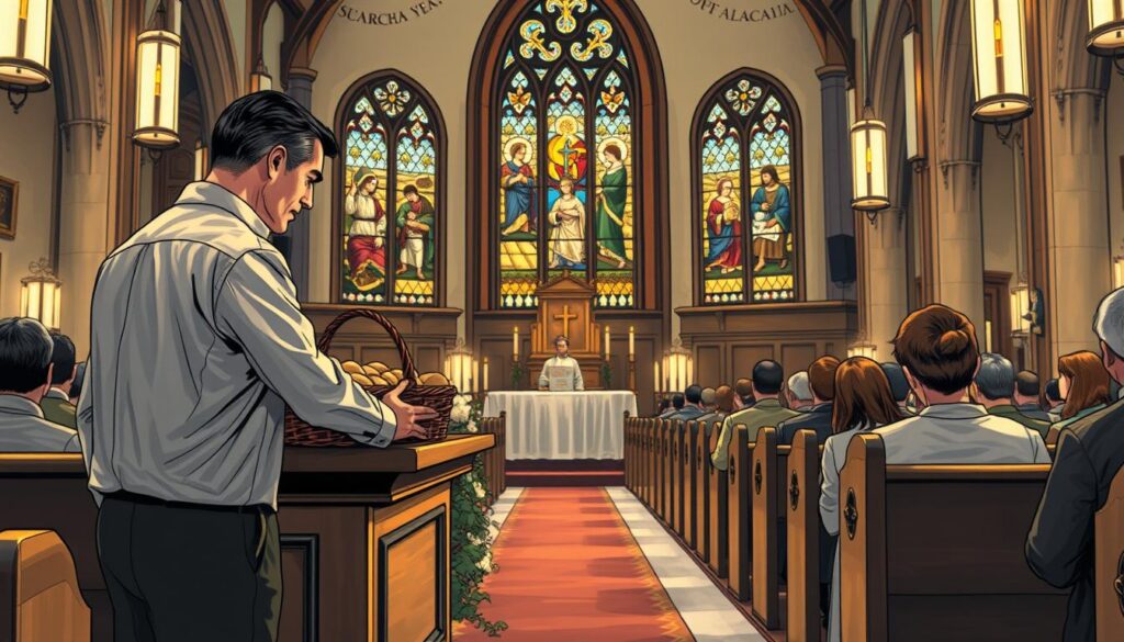 A serene and reverent scene inside a Catholic church during Mass, focusing on a wooden altar adorned with beautifully arranged gifts, such as baskets of bread and wine, symbolizing the offerings. In the foreground, a middle-aged man in professional attire gently places a basket on the altar, showing a sense of purpose and devotion. In the middle ground, soft candlelight flickers, illuminating the rich stained glass windows depicting biblical scenes. The atmosphere is calm and respectful, capturing the sacredness of the moment. The camera angle is slightly elevated to frame both the altar and the parishioners in the pews observing the moment reverently in modest clothing, creating a sense of community and participation. Soft, warm lighting enhances the spiritual ambiance. A serene and reverent scene inside a Catholic church during Mass, focusing on a wooden altar adorned with beautifully arranged gifts, such as baskets of bread and wine, symbolizing the offerings. In the foreground, a middle-aged man in professional attire gently places a basket on the altar, showing a sense of purpose and devotion. In the middle ground, soft candlelight flickers, illuminating the rich stained glass windows depicting biblical scenes. The atmosphere is calm and respectful, capturing the sacredness of the moment. The camera angle is slightly elevated to frame both the altar and the parishioners in the pews observing the moment reverently in modest clothing, creating a sense of community and participation. Soft, warm lighting enhances the spiritual ambiance.