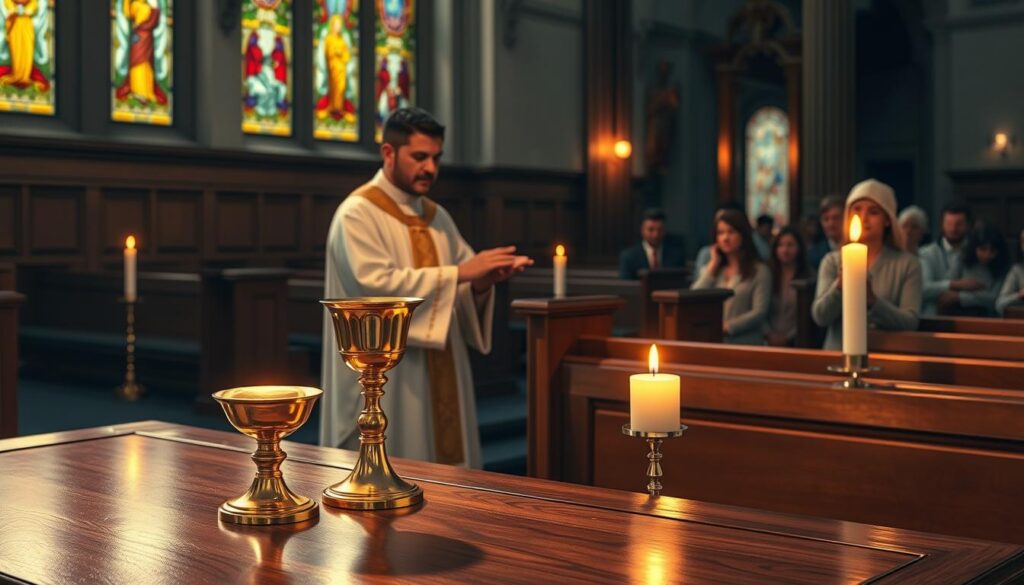 A serene and reverent scene set inside a beautifully adorned Catholic church during mass. In the foreground, a polished wooden altar holds symbolic gifts: a golden chalice and a loaf of bread, both glowing softly under flickering candlelight. In the middle ground, a priest in a white and gold vestment, gently holding the gifts with a focused expression, conveys the importance of the moment. The background features stained glass windows, casting colorful light patterns onto the pews. The scene captures an atmosphere of tranquility and spirituality, evoking a sense of community and sacredness. The lighting is warm and inviting, enhancing the ritual's significance, while the angle captures both the altar and the reverent congregation in modest attire, reflecting their engagement in the ceremony.