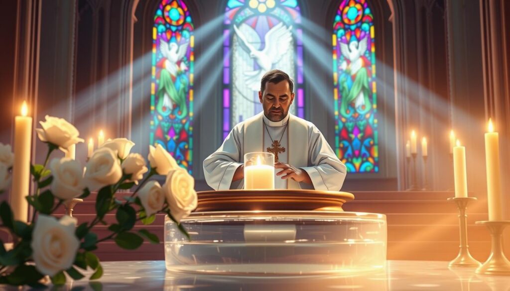 A serene and symbolic depiction of the sacraments of Baptism and Confirmation, featuring a sacred setting with soft, ethereal lighting. In the foreground, a baptismal font filled with clear water reflects light, surrounded by white roses and candles, symbolizing purity and new life. In the middle, a dignified priest in professional vestments administers the sacrament, his expression one of serenity and devotion. Behind them, stained glass windows cast colorful rays of light, portraying the Holy Spirit as a dove, radiating peace and wisdom. The atmosphere is tranquil and reverent, suggesting a moment of spiritual significance, with a warm glow enveloping the scene to evoke a sense of divine presence.