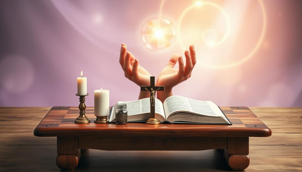 A serene and thoughtfully arranged overview of spiritual gifts. In the foreground, a beautifully crafted wooden table displays symbolic items representing various spiritual gifts, such as a candle for wisdom, a cross for faith, and an open Bible. In the middle ground, gentle hands are reaching for a glowing orb, symbolizing the connection to divine gifts. The background features an abstract depiction of soft, swirling light and subtle colors, such as lavender and gold, suggesting the presence of a spiritual atmosphere. Employ soft, diffused lighting to create a warm and inviting mood. Utilize a slightly elevated angle to capture the essence of the scene while ensuring the items are in focus.
