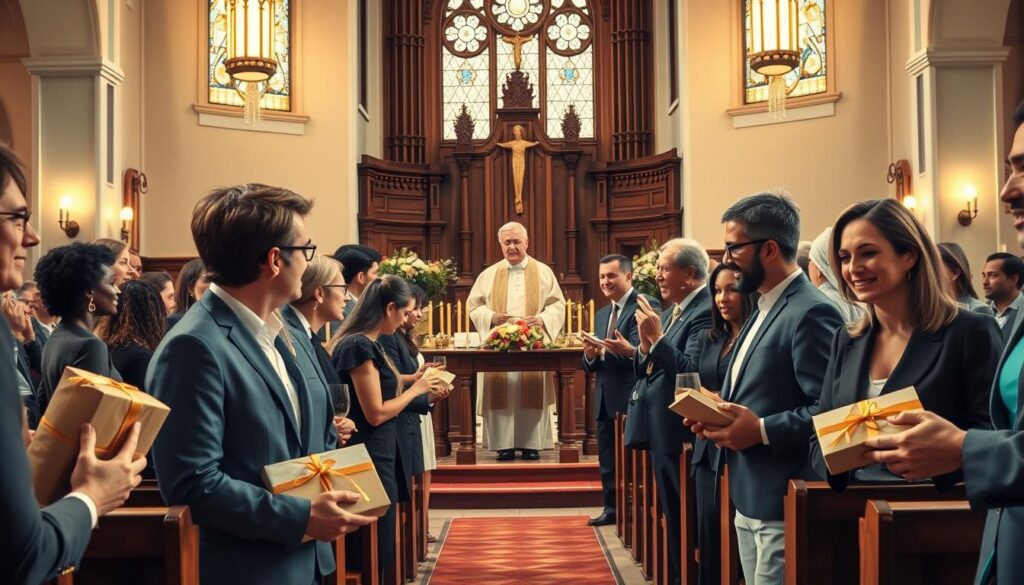 A serene and uplifting church interior during a Catholic Mass, with a focus on the act of presenting gifts at the altar. In the foreground, a diverse group of parishioners, dressed in professional business attire, gently hold beautifully wrapped gifts and traditional bread and wine, ready to be brought to the altar. The middle ground features a wooden altar adorned with flowers and lit candles, with a priest in the background, overseeing the procession with a warm smile. Soft, golden lighting streams through stained glass windows, creating a holy atmosphere. The camera angle captures the moment from a low perspective to emphasize the participants and the altar, evoking a feeling of reverence and community. A serene and uplifting church interior during a Catholic Mass, with a focus on the act of presenting gifts at the altar. In the foreground, a diverse group of parishioners, dressed in professional business attire, gently hold beautifully wrapped gifts and traditional bread and wine, ready to be brought to the altar. The middle ground features a wooden altar adorned with flowers and lit candles, with a priest in the background, overseeing the procession with a warm smile. Soft, golden lighting streams through stained glass windows, creating a holy atmosphere. The camera angle captures the moment from a low perspective to emphasize the participants and the altar, evoking a feeling of reverence and community.