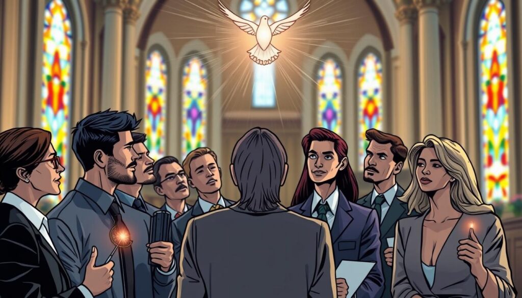 A serene and uplifting composition illustrating the gifts of the Holy Spirit. Foreground: a diverse group of individuals, including men and women of various ethnicities, dressed in professional business attire, engaged in thoughtful discussion, each holding symbols representing different gifts (wisdom, understanding, counsel, fortitude, knowledge, piety, and fear of the Lord). Middle ground: delicate rays of light emanating from a soft, glowing dove hovering above them, symbolizing the Holy Spirit. Background: a softly blurred church interior with stained glass windows casting colorful light, enhancing the atmosphere of reverence and inspiration. The overall mood is contemplative and harmonious, imbued with a sense of community and enlightenment. The lighting is warm and inviting, with a shallow depth of field to focus on the subjects.