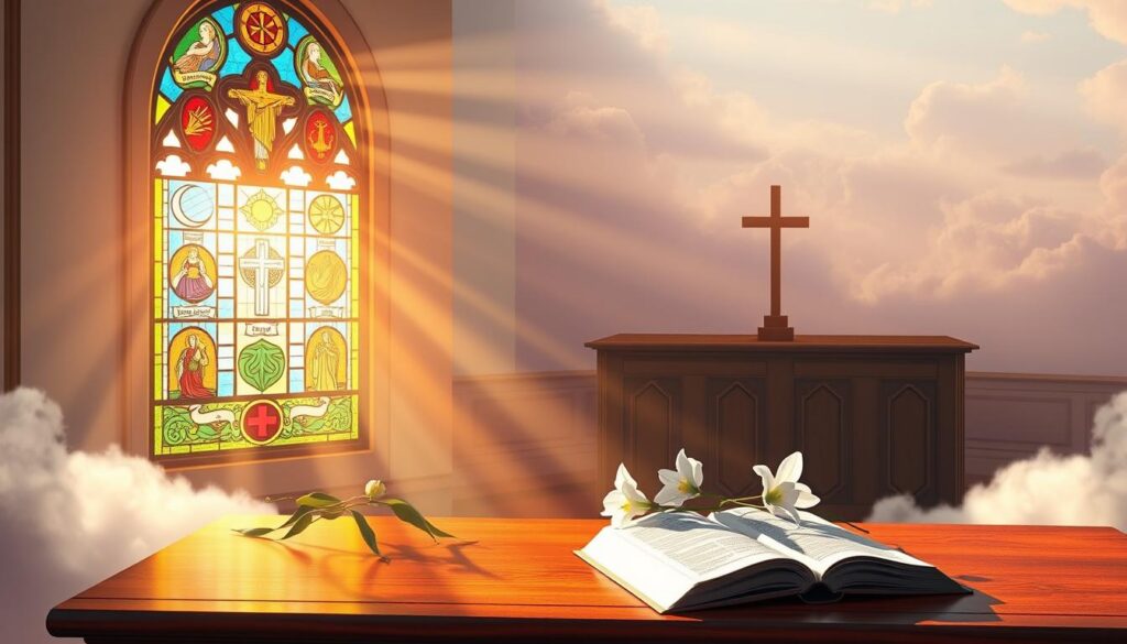 A serene and uplifting composition showcasing the Catholic Gifts of the Holy Spirit. In the foreground, a beautifully designed stained glass window illuminated by soft, warm sunlight, depicting symbols for wisdom, understanding, counsel, fortitude, knowledge, piety, and fear of the Lord. The middle ground features gentle rays of light filtering through the window, casting colorful reflections onto a polished wooden altar adorned with white lilies and a small open Bible. In the background, subtle ethereal clouds and soft pastel skies create a heavenly atmosphere. The scene is infused with a peaceful, meditative mood, encouraging reflection and connection to spiritual growth. The image should convey a sense of reverence and tranquility, emphasizing the importance of these gifts in enhancing one's spiritual life. Use high-resolution, natural lighting to capture the intricate details.