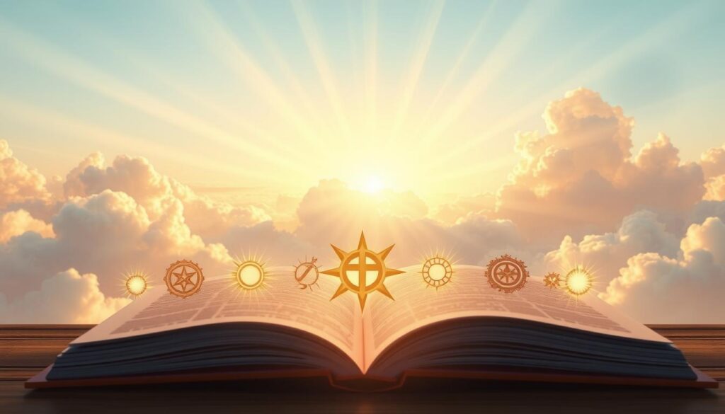 A serene and uplifting depiction of the Seven Gifts of the Holy Spirit, arranged in a visually harmonious composition. In the foreground, seven radiant symbols or emblems representing Wisdom, Understanding, Counsel, Fortitude, Knowledge, Piety, and Fear of the Lord, each glowing with a gentle light, are artistically presented. The middle ground features ethereal clouds and delicate rays of sunlight filtering through, adding a divine ambiance. The background can be a soft gradient of blues and golds, evoking a sense of peace and spirituality. The overall mood is one of reverence and inspiration, with a focus on the divine nature of the gifts. The image should be illuminated warmly, capturing a hopeful and enlightening atmosphere.
