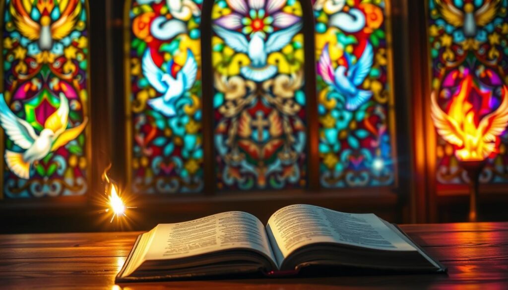 A serene and uplifting depiction of the gifts of the Holy Spirit, showcasing vibrant symbols representing the seven gifts: wisdom, understanding, counsel, fortitude, knowledge, piety, and fear of the Lord. In the foreground, a softly illuminated open Bible rests on a simple wooden table, surrounded by ethereal light. In the middle ground, vivid representations of each gift emerge as radiant, colorful orbs or flame-like auras, each symbolizing their unique qualities, casting a gentle glow. The background features an ornate stained glass window, showcasing dove imagery and vivid colors that create a peaceful and divine atmosphere. The scene is bathed in warm, golden lighting, evoking a sense of reverence and spiritual connection, inviting viewers to reflect on the gifts and their meanings. The composition is balanced, drawing the eye towards the Bible and the surrounding gifts, encapsulating the essence of understanding the Holy Spirit's presence.