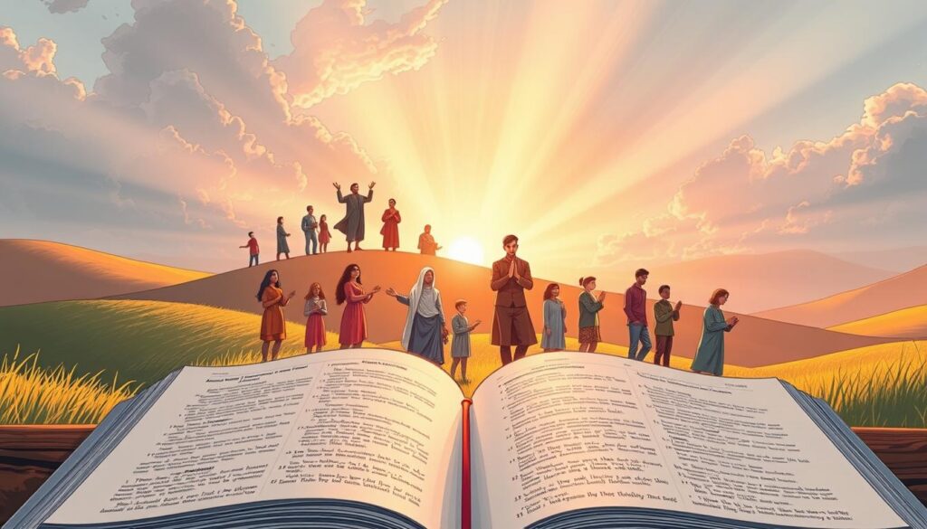 A serene and uplifting illustration showcasing an array of Christian spiritual gifts. In the foreground, an open Bible symbolizes wisdom and knowledge, surrounded by radiant light. The middle layer features diverse individuals—people of various ages and ethnicities—engaging in acts of service, teaching, and prayer, wearing modest clothing that reflects a spirit of community. In the background, gentle hills and a vibrant sunrise evoke a sense of hope and renewal, with soft beams of light filtering through the clouds, creating an ethereal atmosphere. The overall mood is peaceful and inspiring, inviting reflection on the importance of spiritual gifts in one's faith journey. Use a soft focus with a warm color palette to enhance the uplifting feeling. A serene and uplifting illustration showcasing an array of Christian spiritual gifts. In the foreground, an open Bible symbolizes wisdom and knowledge, surrounded by radiant light. The middle layer features diverse individuals—people of various ages and ethnicities—engaging in acts of service, teaching, and prayer, wearing modest clothing that reflects a spirit of community. In the background, gentle hills and a vibrant sunrise evoke a sense of hope and renewal, with soft beams of light filtering through the clouds, creating an ethereal atmosphere. The overall mood is peaceful and inspiring, inviting reflection on the importance of spiritual gifts in one's faith journey. Use a soft focus with a warm color palette to enhance the uplifting feeling.