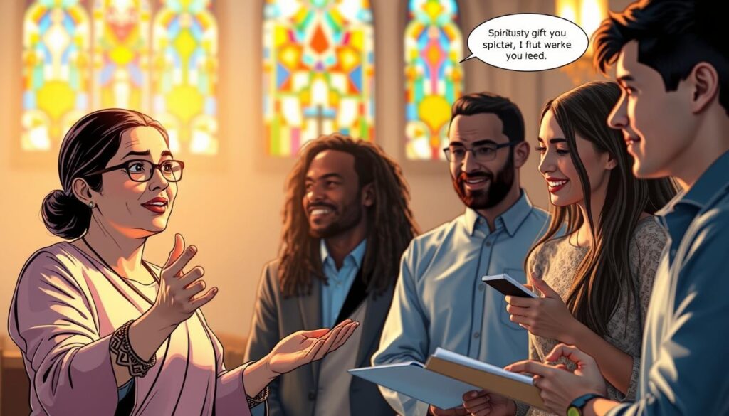 A serene and uplifting scene depicting a diverse group of individuals engaged in a lively discussion about spiritual gifts. In the foreground, a woman in modest clothing gestures passionately, her face illuminated by soft, warm lighting, conveying inspiration. Beside her, a man in a professional outfit listens intently, with a thoughtful expression. In the middle ground, a casually dressed young adult notes ideas on a notepad. The background features a tranquil, softly blurred church interior with stained glass windows casting colorful light patterns, enhancing the overall spiritual atmosphere. The image should evoke a sense of community, joy, and discovery, using a wide-angle perspective to capture the depth of interaction among the individuals. A serene and uplifting scene depicting a diverse group of individuals engaged in a lively discussion about spiritual gifts. In the foreground, a woman in modest clothing gestures passionately, her face illuminated by soft, warm lighting, conveying inspiration. Beside her, a man in a professional outfit listens intently, with a thoughtful expression. In the middle ground, a casually dressed young adult notes ideas on a notepad. The background features a tranquil, softly blurred church interior with stained glass windows casting colorful light patterns, enhancing the overall spiritual atmosphere. The image should evoke a sense of community, joy, and discovery, using a wide-angle perspective to capture the depth of interaction among the individuals.