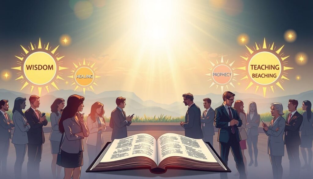 A serene and uplifting scene depicting an overview of Christian spiritual gifts. In the foreground, a diverse group of individuals dressed in professional business attire are engaged in collaborative activities, symbolizing community and teamwork. They are surrounded by glowing symbols representing various spiritual gifts such as wisdom, healing, prophecy, and teaching, rendered in radiant gold and soft pastel colors. In the middle ground, a tranquil setting features an open Bible with light streaming from above, illuminating the pages. The background showcases a peaceful landscape with soft hills and a bright sky, conveying a sense of hope and divine presence. The overall mood is warm and inspirational, emphasizing the spiritual connection and purpose of these gifts. The lighting is soft and ethereal, enhancing the uplifting atmosphere.