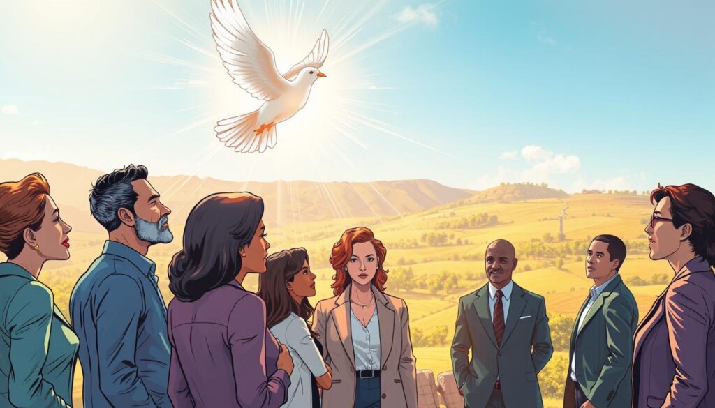 A serene and uplifting scene depicting the Holy Spirit as a radiant white dove hovering gracefully above a diverse group of people gathered in a sunlit, open space. In the foreground, individuals of various ethnicities, dressed in professional business attire, engage in conversation, their expressions reflecting inspiration and connection. The middle ground features ethereal streams of light emanating from the dove, symbolizing the gifts of wisdom, understanding, and compassion reaching out to each individual. In the background, a lush landscape bathed in warm sunlight enhances the atmosphere of hope and divine presence. Use soft, natural lighting to create a welcoming and peaceful mood, with an emphasis on a slight lens flare to give the scene a spiritual quality. A serene and uplifting scene depicting the Holy Spirit as a radiant white dove hovering gracefully above a diverse group of people gathered in a sunlit, open space. In the foreground, individuals of various ethnicities, dressed in professional business attire, engage in conversation, their expressions reflecting inspiration and connection. The middle ground features ethereal streams of light emanating from the dove, symbolizing the gifts of wisdom, understanding, and compassion reaching out to each individual. In the background, a lush landscape bathed in warm sunlight enhances the atmosphere of hope and divine presence. Use soft, natural lighting to create a welcoming and peaceful mood, with an emphasis on a slight lens flare to give the scene a spiritual quality.