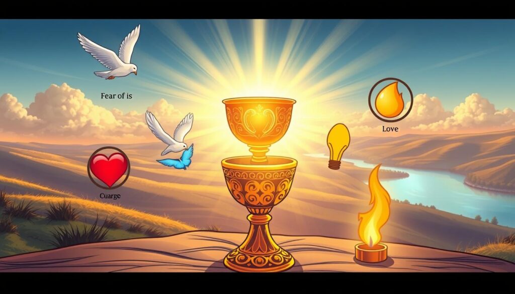 A serene and uplifting scene depicting the Seven Gifts of the Holy Spirit. In the foreground, a beautifully crafted chalice adorned with intricate designs, symbolizing wisdom and understanding. Surrounding the chalice, vibrant symbols representing each gift: a dove for fear of the Lord, a glowing heart for love, and a bright flame for courage. In the middle ground, gentle rays of sunlight filter through soft, wispy clouds, illuminating the gifts and creating a heavenly atmosphere. In the background, a tranquil landscape with rolling hills and a tranquil river, enhancing the peacefulness of the scene. The lighting is warm and inviting, with a soft focus effect to evoke a sense of spirituality and reverence. The overall mood is serene and inspiring, capturing the essence of divine gifts.