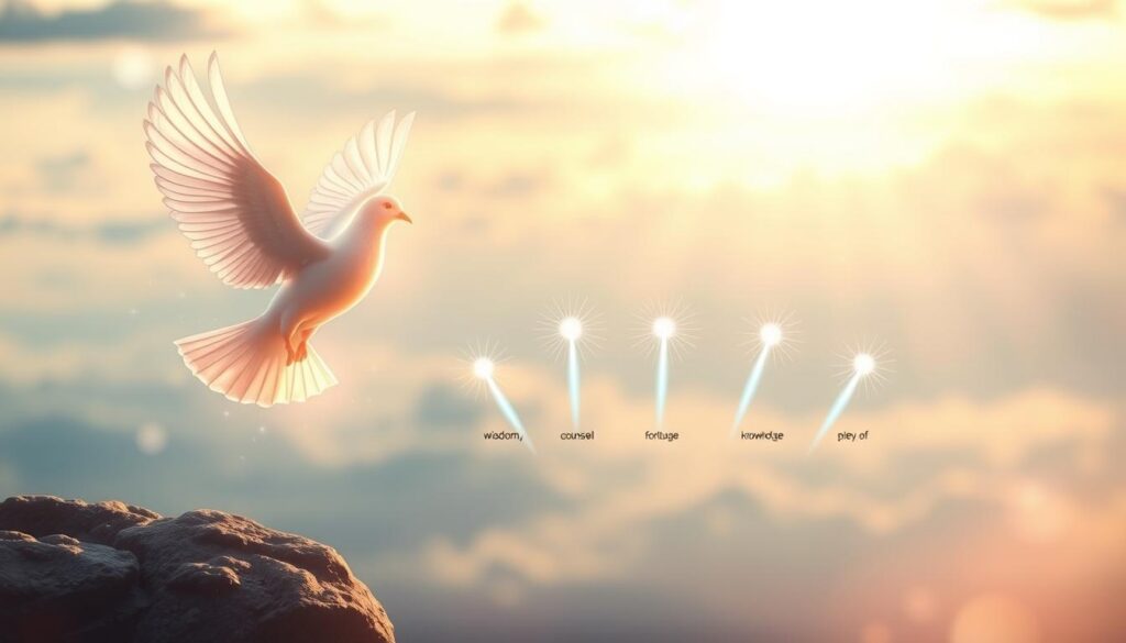 A serene and uplifting scene depicting the gifts of the Holy Spirit. In the foreground, a glowing dove symbolizing the Holy Spirit glides gracefully, surrounded by ethereal light. The middle ground features seven radiant symbols representing the gifts: wisdom, understanding, counsel, fortitude, knowledge, piety, and fear of the Lord, artistically arranged like gentle flames or light bursts, each emitting a unique hue. The background showcases a tranquil sky transitioning from dawn to daylight, symbolizing enlightenment and hope. Soft, warm sunlight filters through, casting a golden glow, while a subtle bokeh effect enhances the divine atmosphere. The overall mood is peaceful, inspiring reverence and contemplative reflection on the significance of the Holy Spirit's gifts.