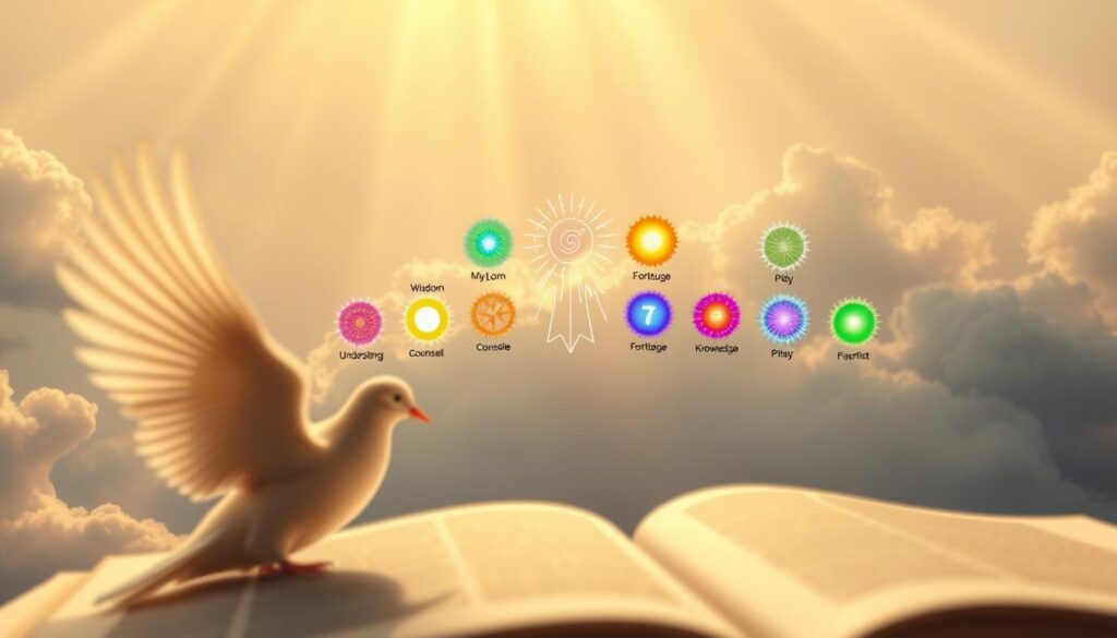 A serene and uplifting scene depicting the seven gifts of the Holy Spirit, represented as radiant, ethereal lights shining down from above. In the foreground, a graceful dove symbolizes peace, with soft feathers that shimmer in gentle light. In the middle ground, vibrant symbols for each gift—wisdom, understanding, counsel, fortitude, knowledge, piety, and fear of the Lord—are artistically arranged as glowing orbs, each radiating its unique color and energy. The background features a soft, wispy cloudscape with golden rays filtering through, creating a divine and harmonious atmosphere. Dim yet warm lighting enhances the spiritual essence, while a slightly blurred vignette draws focus to the central symbols. The overall mood is one of reverence, inspiration, and clarity, inviting contemplation on the importance of these gifts.