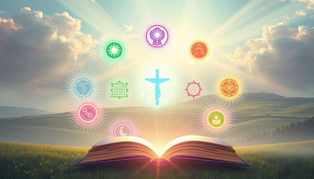 A serene and vibrant depiction of the Seven Gifts of the Holy Spirit, represented as radiant symbols arranged in an elegant circular formation. The gifts—wisdom, understanding, counsel, fortitude, knowledge, piety, and fear of the Lord—are illustrated with glowing ethereal light, each emanating distinct colors and textures that symbolize their unique essence. In the foreground, a soft beam of heavenly light illuminates the symbols, casting gentle shadows. The middle ground features a lush, serene landscape with subtle hints of biblical elements, such as olive branches and doves, that evoke a sense of peace and spirituality. The background is a soft, cloudy sky with rays of light breaking through, creating a divine atmosphere. The overall mood is tranquil, inspiring, and spiritually uplifting, inviting contemplation on the biblical and traditional roots of these gifts.