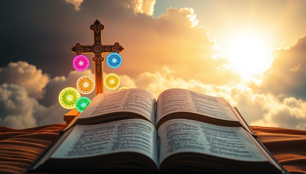 A serene and visually striking representation of the Gifts of the Holy Spirit, focusing on a biblical foundation. In the foreground, a beautifully detailed cross surrounded by vibrant symbols representing the seven gifts: wisdom, understanding, counsel, fortitude, knowledge, piety, and fear of the Lord, each depicted as glowing orbs of light in various colors. The middle ground features an open Bible, with highlighted verses illustrating the gifts, bathed in warm golden light. The background consists of a tranquil, ethereal landscape with soft clouds and gentle rays of sunlight breaking through, creating a divine atmosphere. The lens should capture a slightly elevated angle, emphasizing the glowing gifts and the Bible, with a soft-focus effect that enhances the spiritual mood and depth of the scene. The overall ambiance should evoke a sense of peace, reflection, and reverence.