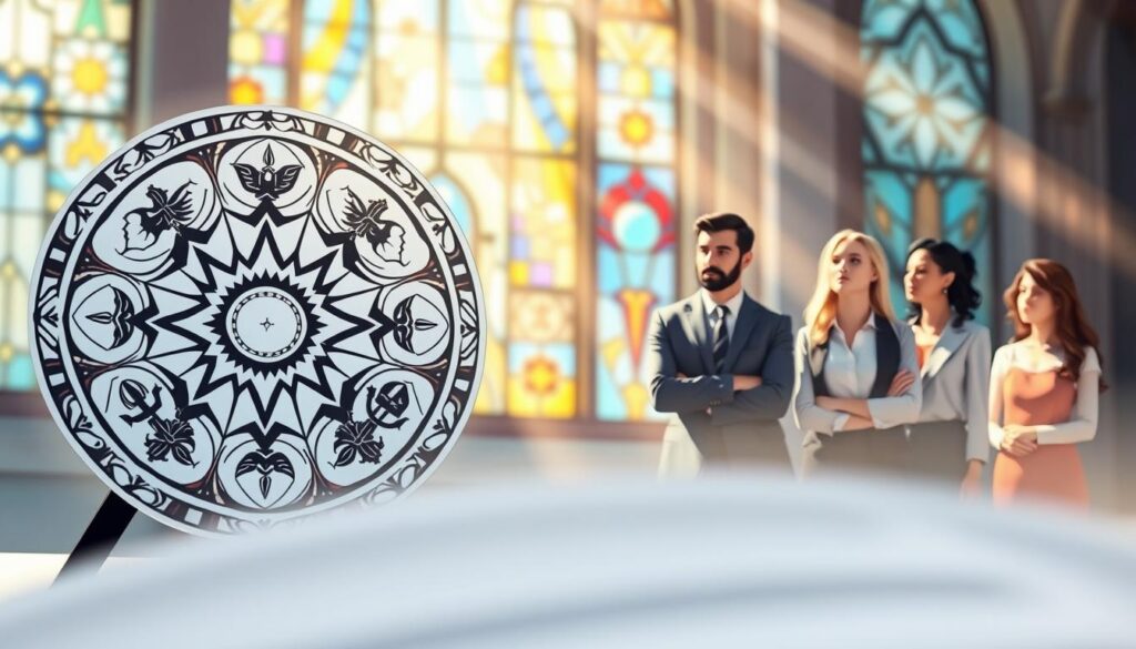 A serene, brightly lit illustration depicting the seven gifts of the Holy Spirit: Wisdom, Understanding, Counsel, Fortitude, Knowledge, Piety, and Fear of the Lord. In the foreground, a beautifully designed circular mandala features each gift symbolically represented, with elegant icons like a dove for Wisdom and a shield for Fortitude. The middle ground shows a calm, diverse group of people in professional business attire, engaged in thoughtful discussion, embodying the gifts in their expressions. The background features soft, ethereal light streaming through a stained glass window, casting colorful reflections that enhance the spiritual theme. The overall mood is uplifting and reflective, inviting viewers to connect with the profound meanings of these gifts. Use a slightly blurred depth of field for a dreamlike quality. A serene, brightly lit illustration depicting the seven gifts of the Holy Spirit: Wisdom, Understanding, Counsel, Fortitude, Knowledge, Piety, and Fear of the Lord. In the foreground, a beautifully designed circular mandala features each gift symbolically represented, with elegant icons like a dove for Wisdom and a shield for Fortitude. The middle ground shows a calm, diverse group of people in professional business attire, engaged in thoughtful discussion, embodying the gifts in their expressions. The background features soft, ethereal light streaming through a stained glass window, casting colorful reflections that enhance the spiritual theme. The overall mood is uplifting and reflective, inviting viewers to connect with the profound meanings of these gifts. Use a slightly blurred depth of field for a dreamlike quality.