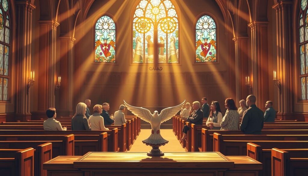A serene church interior bathed in warm, golden light, with rays streaming through stained glass windows, illuminating a beautifully arranged display of symbols representing the gifts of the Holy Spirit. In the foreground, a wooden altar holds a dove, symbolizing peace, surrounded by visual representations of wisdom, understanding, counsel, fortitude, knowledge, piety, and fear of the Lord, each symbol artistically crafted. The middle ground features a group of diverse individuals in modest attire engaged in a thoughtful discussion, embodying a sense of community and spiritual reflection. The background showcases the elegant architecture of the church, with gentle shadows adding depth to the scene. The atmosphere is peaceful and reverent, inviting contemplation and understanding of spiritual gifts. A serene church interior bathed in warm, golden light, with rays streaming through stained glass windows, illuminating a beautifully arranged display of symbols representing the gifts of the Holy Spirit. In the foreground, a wooden altar holds a dove, symbolizing peace, surrounded by visual representations of wisdom, understanding, counsel, fortitude, knowledge, piety, and fear of the Lord, each symbol artistically crafted. The middle ground features a group of diverse individuals in modest attire engaged in a thoughtful discussion, embodying a sense of community and spiritual reflection. The background showcases the elegant architecture of the church, with gentle shadows adding depth to the scene. The atmosphere is peaceful and reverent, inviting contemplation and understanding of spiritual gifts.