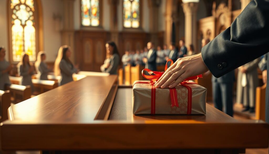 A serene church interior during Mass, focusing on a wooden altar adorned with beautifully wrapped gifts symbolizing the offering. In the foreground, a close-up view of hands gently placing a colorful package on the altar, showcasing intricate ribbon details. In the middle ground, worshippers in modest, professional attire stand in prayerful posture, reflecting a mix of reverence and joy. Soft, golden lighting from stained glass windows casts a warm glow across the scene, creating an atmosphere of spirituality and community. The background features elegant wooden pews and a softly blurred choir, enhancing the sense of a sacred space. A gentle depth of field emphasizes the act of giving, capturing the profound meaning behind the gesture of bringing gifts at Mass.