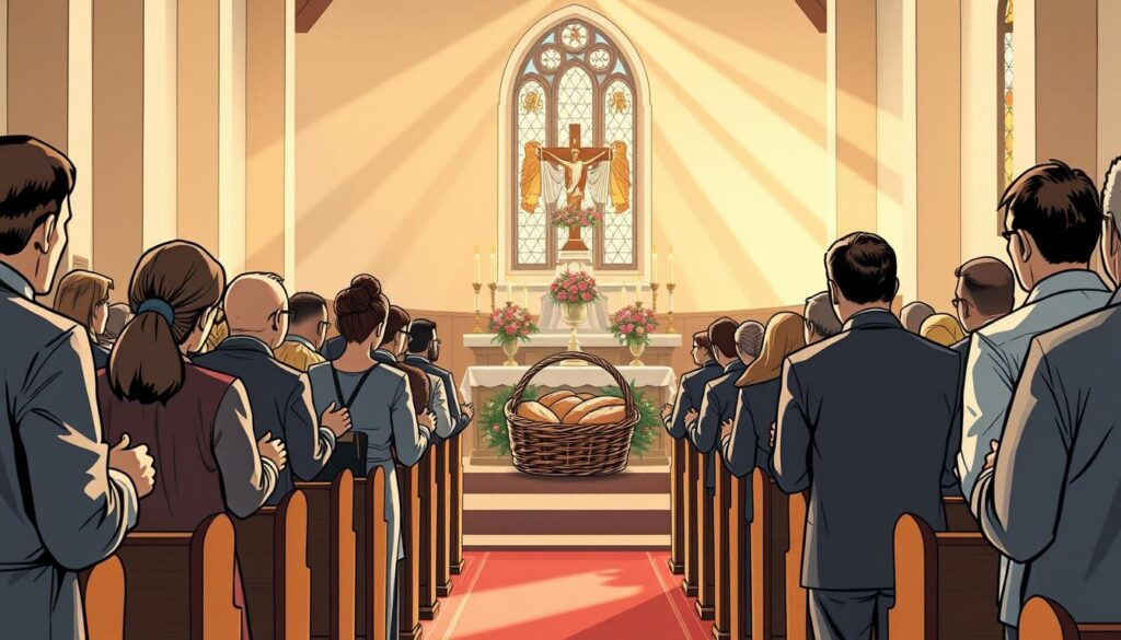 A serene church interior during Mass, showcasing the moment of bringing up the gifts. In the foreground, a diverse group of individuals dressed in modest, professional attire is respectfully carrying a basket of bread and a chalice of wine toward the altar. The middle ground captures the altar, adorned with flowers and lit candles, emphasizing the significance of the ritual. In the background, soft rays of natural light stream through stained glass windows, creating a warm and inviting atmosphere. The scene should convey a sense of reverence and community, inviting viewers to reflect on the importance of tradition in worship. Use a slightly elevated perspective to capture both the altar and the congregation, enhancing the sense of connection within the sacred space.