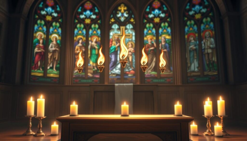 A serene depiction of the Gifts of the Holy Spirit, showcasing seven symbolic representations: Wisdom, Understanding, Counsel, Fortitude, Knowledge, Piety, and Fear of the Lord. In the foreground, an elegant wooden altar adorned with candles and a soft flickering light creates a warm atmosphere. The middle ground features seven radiant golden flames, each representing a gift, hovering gently above the altar, glowing softly. In the background, a stained glass window displays vibrant colors illustrating biblical scenes, filtering light into the space. The overall mood is peaceful and reverent, inviting contemplation and reflection. The composition should utilize a soft focus lens effect to enhance the tranquility of the setting, suggesting divine inspiration and spiritual strength. A serene depiction of the Gifts of the Holy Spirit, showcasing seven symbolic representations: Wisdom, Understanding, Counsel, Fortitude, Knowledge, Piety, and Fear of the Lord. In the foreground, an elegant wooden altar adorned with candles and a soft flickering light creates a warm atmosphere. The middle ground features seven radiant golden flames, each representing a gift, hovering gently above the altar, glowing softly. In the background, a stained glass window displays vibrant colors illustrating biblical scenes, filtering light into the space. The overall mood is peaceful and reverent, inviting contemplation and reflection. The composition should utilize a soft focus lens effect to enhance the tranquility of the setting, suggesting divine inspiration and spiritual strength.