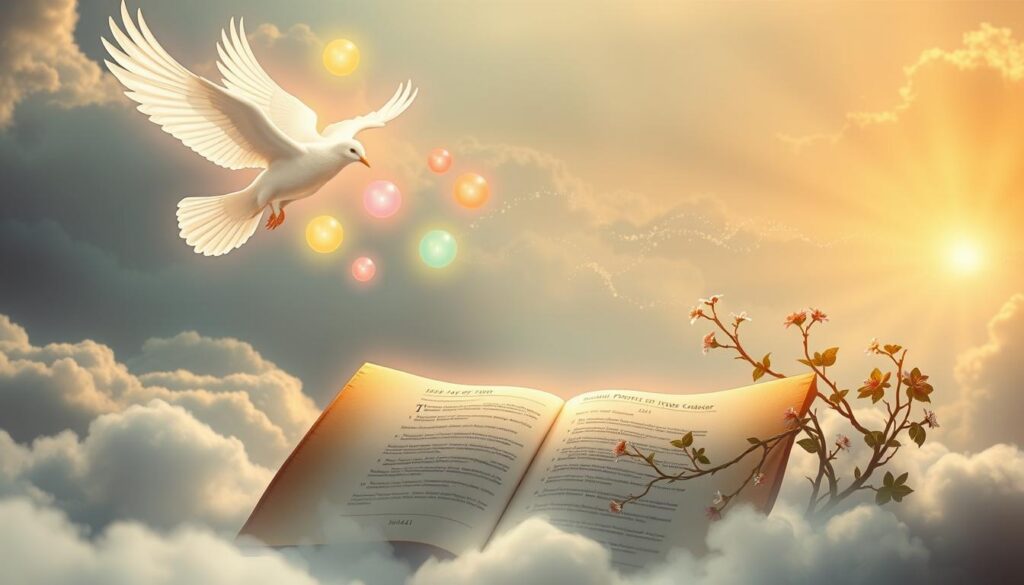 A serene depiction of the Seven Gifts of the Holy Spirit, inspired by Isaiah 11. In the foreground, a glowing dove symbolizes the Holy Spirit, surrounded by seven radiant, colorful orbs representing wisdom, understanding, counsel, might, knowledge, piety, and fear of the Lord. The middle ground features soft, ethereal light illuminating a sacred scroll, with delicate vines and flowers entwining around it, symbolizing growth and life. The background portrays a tranquil, heavenly landscape with gentle clouds and shimmering rays of sunlight breaking through, creating an uplifting atmosphere. The mood is contemplative and reverent, inviting viewers to reflect on the spiritual significance. Use warm, golden lighting to enhance the divine essence, and employ a slightly soft focus to create a dreamlike effect.