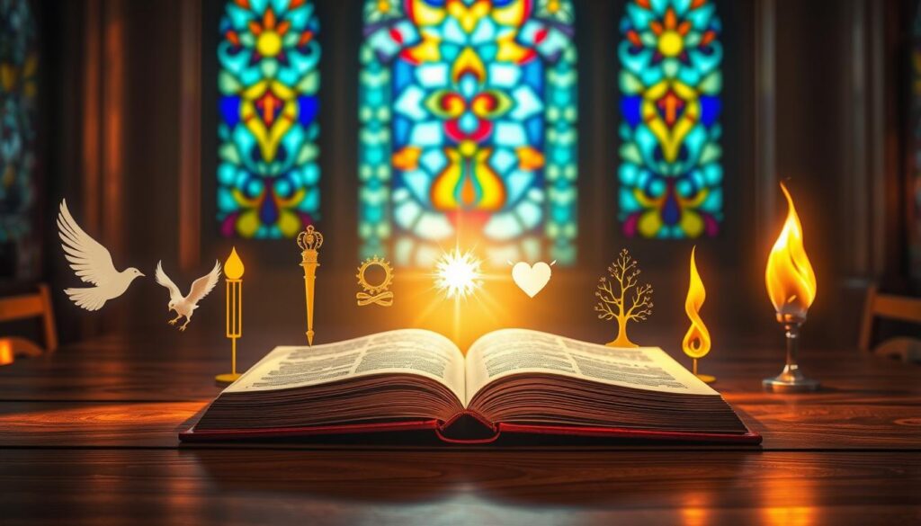 A serene depiction of the seven gifts of the Holy Spirit, represented by seven radiant symbols, each glowing in a vibrant, ethereal light. In the foreground, a richly detailed wooden table displays these symbols: a dove for wisdom, a torch for understanding, a crown of thorns for counsel, a shining star for fortitude, a heart for knowledge, a tree for piety, and a flame for fear of the Lord. In the middle ground, a soft, golden aura envelops the symbols, enhancing their luminescence. The background features a soft-focus image of a stained glass window with intricate designs, casting colorful reflections that dance across the scene. The lighting is warm and inviting, evoking a sense of peace and reverence. The atmosphere feels uplifting, drawing viewers into deeper contemplation of the gifts.