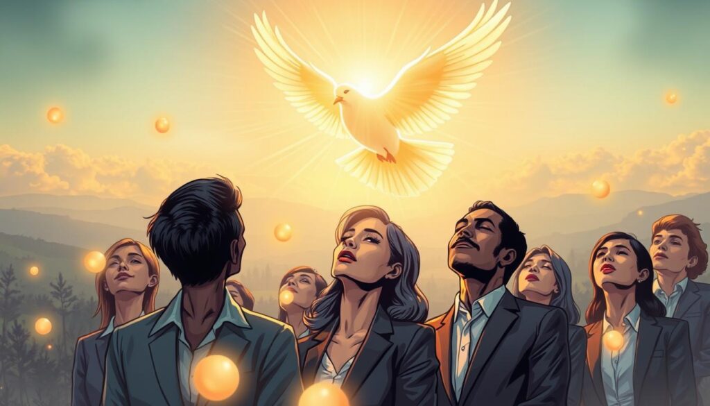 A serene, ethereal scene depicting the Holy Spirit as a radiant dove, enveloped in soft, golden light, symbolizing empowerment and divine presence. In the foreground, glowing orbs representing various spiritual gifts—wisdom, faith, healing—float gently around the dove, shimmering with vibrant colors. The middle ground features a diverse group of individuals in professional business attire, their faces uplifted, eyes closed in reverence, lost in a moment of spiritual connection. The background consists of a faint silhouette of a peaceful landscape with hints of clouds and soft sunlight breaking through, creating a heavenly atmosphere. The lighting is warm and inviting, casting a gentle glow over the entire composition, emphasizing the tranquility and transformative power of the Holy Spirit. A serene, ethereal scene depicting the Holy Spirit as a radiant dove, enveloped in soft, golden light, symbolizing empowerment and divine presence. In the foreground, glowing orbs representing various spiritual gifts—wisdom, faith, healing—float gently around the dove, shimmering with vibrant colors. The middle ground features a diverse group of individuals in professional business attire, their faces uplifted, eyes closed in reverence, lost in a moment of spiritual connection. The background consists of a faint silhouette of a peaceful landscape with hints of clouds and soft sunlight breaking through, creating a heavenly atmosphere. The lighting is warm and inviting, casting a gentle glow over the entire composition, emphasizing the tranquility and transformative power of the Holy Spirit.