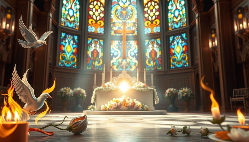 A serene, ethereal space capturing the essence of the Gifts of the Holy Spirit in Catholic tradition. In the foreground, vibrant symbols such as a dove representing peace, flames embodying courage, and a radiant light signifying wisdom are gracefully arranged. The middle ground features a softly illuminated altar adorned with flowers, displaying the seven gifts: wisdom, understanding, counsel, fortitude, knowledge, piety, and fear of the Lord, depicted through elegant, flowing designs. The background reveals stained glass windows filtering warm, multicolored light, creating a tranquil, spiritual atmosphere. The lighting is soft and inspirational, evoking a sense of reverence. The perspective is slightly elevated, allowing viewers to take in the harmonious composition. This image embodies the beauty and significance of the Gifts of the Holy Spirit, inviting reflection and understanding. A serene, ethereal space capturing the essence of the Gifts of the Holy Spirit in Catholic tradition. In the foreground, vibrant symbols such as a dove representing peace, flames embodying courage, and a radiant light signifying wisdom are gracefully arranged. The middle ground features a softly illuminated altar adorned with flowers, displaying the seven gifts: wisdom, understanding, counsel, fortitude, knowledge, piety, and fear of the Lord, depicted through elegant, flowing designs. The background reveals stained glass windows filtering warm, multicolored light, creating a tranquil, spiritual atmosphere. The lighting is soft and inspirational, evoking a sense of reverence. The perspective is slightly elevated, allowing viewers to take in the harmonious composition. This image embodies the beauty and significance of the Gifts of the Holy Spirit, inviting reflection and understanding.