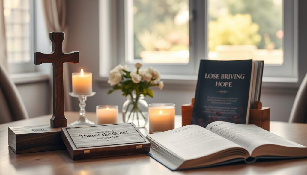 A serene indoor setting featuring a beautifully arranged table showcasing thoughtful Christian gifts for someone grieving a loved one. In the foreground, delicate items such as a handcrafted wooden cross, an engraved memorial box, and a comforting faith-based book on loss and hope. In the middle ground, soft candles emit a warm, inviting glow, alongside a small vase of fresh flowers symbolizing remembrance. In the background, a softly illuminated window reveals a peaceful garden scene, contributing to a calming atmosphere. The lighting is gentle and warm, creating an aura of solace and compassion. The image captures a mood of comfort, empathy, and spiritual connection, ideal for supporting someone during a difficult time. A serene indoor setting featuring a beautifully arranged table showcasing thoughtful Christian gifts for someone grieving a loved one. In the foreground, delicate items such as a handcrafted wooden cross, an engraved memorial box, and a comforting faith-based book on loss and hope. In the middle ground, soft candles emit a warm, inviting glow, alongside a small vase of fresh flowers symbolizing remembrance. In the background, a softly illuminated window reveals a peaceful garden scene, contributing to a calming atmosphere. The lighting is gentle and warm, creating an aura of solace and compassion. The image captures a mood of comfort, empathy, and spiritual connection, ideal for supporting someone during a difficult time.