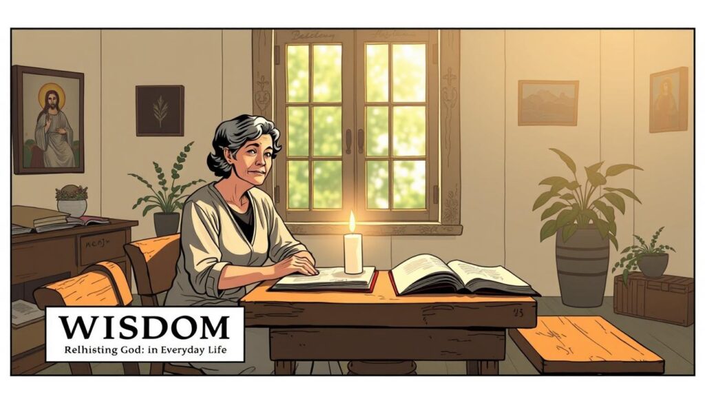 A serene indoor setting, representing “Wisdom: Relishing God in Everyday Life.” In the foreground, a middle-aged woman, dressed in modest casual clothing, is seated at a rustic wooden table, surrounded by open books and a lit candle, her expression contemplative, embodying peace and insight. In the middle, a window casts soft, warm sunlight, illuminating her and creating gentle shadows, enhancing the feeling of tranquility. On the walls, subtle religious art and plants add depth and character. In the background, a subtle blur of nature is visible through the window, symbolizing the connection between the divine and everyday moments. The overall atmosphere is calm and inviting, evoking a sense of reflection and spiritual fulfillment.