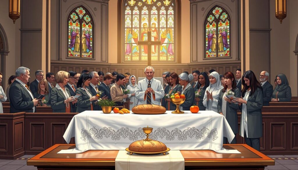A serene interior of a Catholic church during Mass, focusing on the altar where gifts are presented. In the foreground, an ornate wooden altar draped with a white cloth displays a variety of gifts: a loaf of bread, a chalice, fruits, and flowers, all carefully arranged. In the middle, a diverse group of congregation members, dressed in modest, professional attire, approach the altar with reverence, some holding gifts. The background features stained glass windows casting colorful light onto the scene, enhancing the spiritual atmosphere. Soft, warm lighting envelops the space, creating a sense of peace and devotion. Capture the moment from a slightly elevated angle, emphasizing the gifts and the communal aspect of the offertory. The overall mood should evoke a sense of devotion and tradition within the church setting.