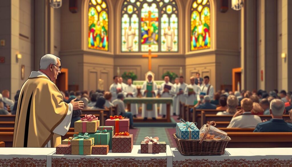 A serene interior of a Catholic church during Mass, with a focus on the altar where gifts are being presented. In the foreground, a priest in traditional vestments stands beside a table adorned with a variety of beautifully wrapped gifts—colorful boxes and baskets. The middle ground features several altar servers, dressed in crisp white albs, holding ceremonial items like bread and wine. The background showcases the congregation seated in pews, quietly observing, with stained glass windows casting vibrant, warm light over the scene. The atmosphere is reverent and peaceful, emphasizing the significance of this ritual. The image is captured from a slightly elevated angle, creating depth, with soft, warm lighting to enhance the spiritual ambiance.