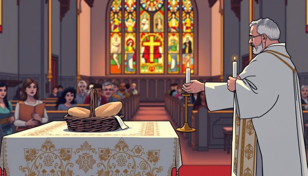 A serene interior of a Catholic church, focusing on the moment of the offertory during Mass. In the foreground, a beautifully adorned altar table holds the gifts: a basket of freshly baked bread, a cruet of wine, and a lit candle, all arranged thoughtfully. To the side, a priest in a white and gold vestment gracefully receives the gifts from a parishioner in modest casual clothing, conveying a sense of reverence. In the middle ground, parishioners are seated quietly in prayer, their expressions reflecting a sense of community and devotion. The background features stained glass windows filtering warm, colorful light into the sanctuary, illuminating the scene with a sacred glow. The atmosphere is peaceful and reflective, encapsulating the spiritual significance of bringing up the gifts in a Catholic Mass.