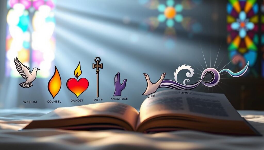 A serene, luminous representation of the Gifts of the Holy Spirit, artistically displayed in a divine atmosphere. In the foreground, vibrant symbols for each gift - a dove for wisdom, a flame for understanding, a heart for counsel, a staff for fortitude, a hand for knowledge, a wave for piety, and rays of light for fear of the Lord. The middle ground features a soft, ethereal light casting gentle shadows, enriching the colors and depth of the symbols. In the background, an abstract representation of a stained glass window, with light streaming through, creating a kaleidoscope of colors. The mood is uplifting and reverent, evoking spirituality and connection. Soft, diffused lighting enhances the ethereal quality of the scene, reminiscent of a peaceful sanctuary.