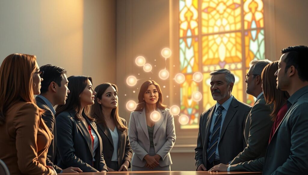 A serene, luminous scene depicting the harmonious collaboration between gifts and virtues. In the foreground, a diverse group of individuals in professional business attire, representing various backgrounds and ages, are engaged in a thoughtful discussion, embodying wisdom and understanding. In the middle, an ethereal representation of the seven gifts of the Holy Spirit—wisdom, understanding, counsel, fortitude, knowledge, piety, and fear of the Lord—manifest as gentle, glowing orbs surrounding the group. In the background, soft, warm light emanates from a stained glass window, casting colorful patterns across the space, symbolizing hope and spiritual enlightenment. The atmosphere is tranquil and inspiring, evoking a sense of connection and divine guidance. The image is captured with a wide-angle lens to encompass the full scene, emphasizing both the individuals and the symbolic gifts they embody.