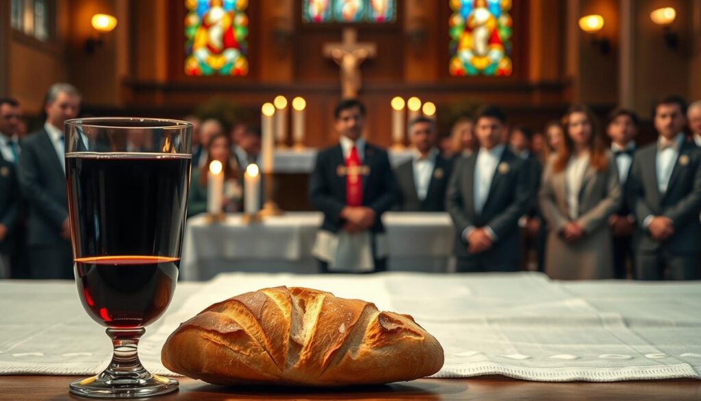 A serene moment during a Catholic Mass, capturing the ritual of presenting bread and wine. In the foreground, a beautifully crafted chalice filled with deep red wine sits beside a freshly baked loaf of golden-brown bread, its crust glistening under soft, warm candlelight. The middle layer features an elegantly draped altar adorned with a white linen cloth, subtly embroidered, while gently flickering candles cast a halo of light around the elements. In the background, a blurred congregation dressed in modest, professional attire reverently observes the proceedings, with colorful stained-glass windows filtering in soft, ethereal light. The atmosphere is tranquil, evoking a sense of reverence and spirituality, perfect for the solemnity of the occasion. Shot in a shallow depth of field to emphasize the bread and wine, with an intimate angle that draws the viewer into this sacred moment.