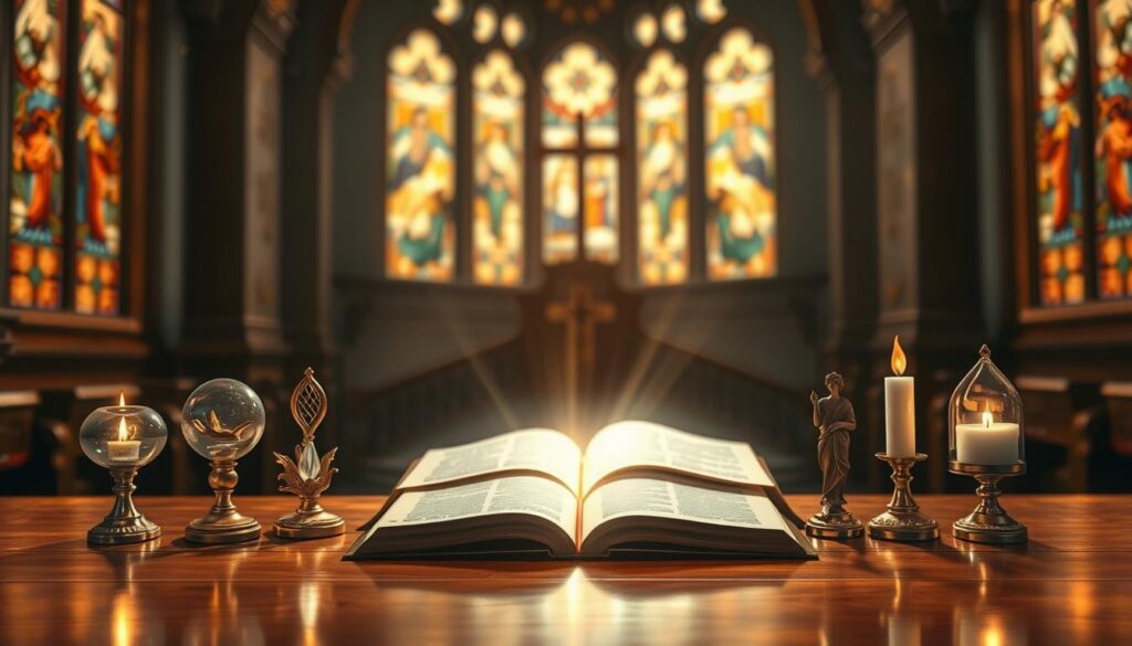 A serene representation of the Seven Gifts of the Holy Spirit. In the foreground, depict seven distinct, beautifully illuminated symbols representing each gift: Wisdom, Understanding, Counsel, Fortitude, Knowledge, Piety, and Fear of the Lord, arranged artistically on a polished wooden table. In the middle ground, soft ethereal light radiates from a large, open Bible, symbolizing divine knowledge, with gentle rays illuminating the symbols. The background features a peaceful, softly blurred church interior, bathed in warm golden light filtering through stained glass windows. The atmosphere should evoke a sense of reverence and inspiration, inviting contemplation. Use a soft focus lens effect to enhance the serene mood, ensuring the overall color palette includes warm, inviting tones. The image should be clear, professional, and suitable for an informative article about the gifts of the Holy Spirit.